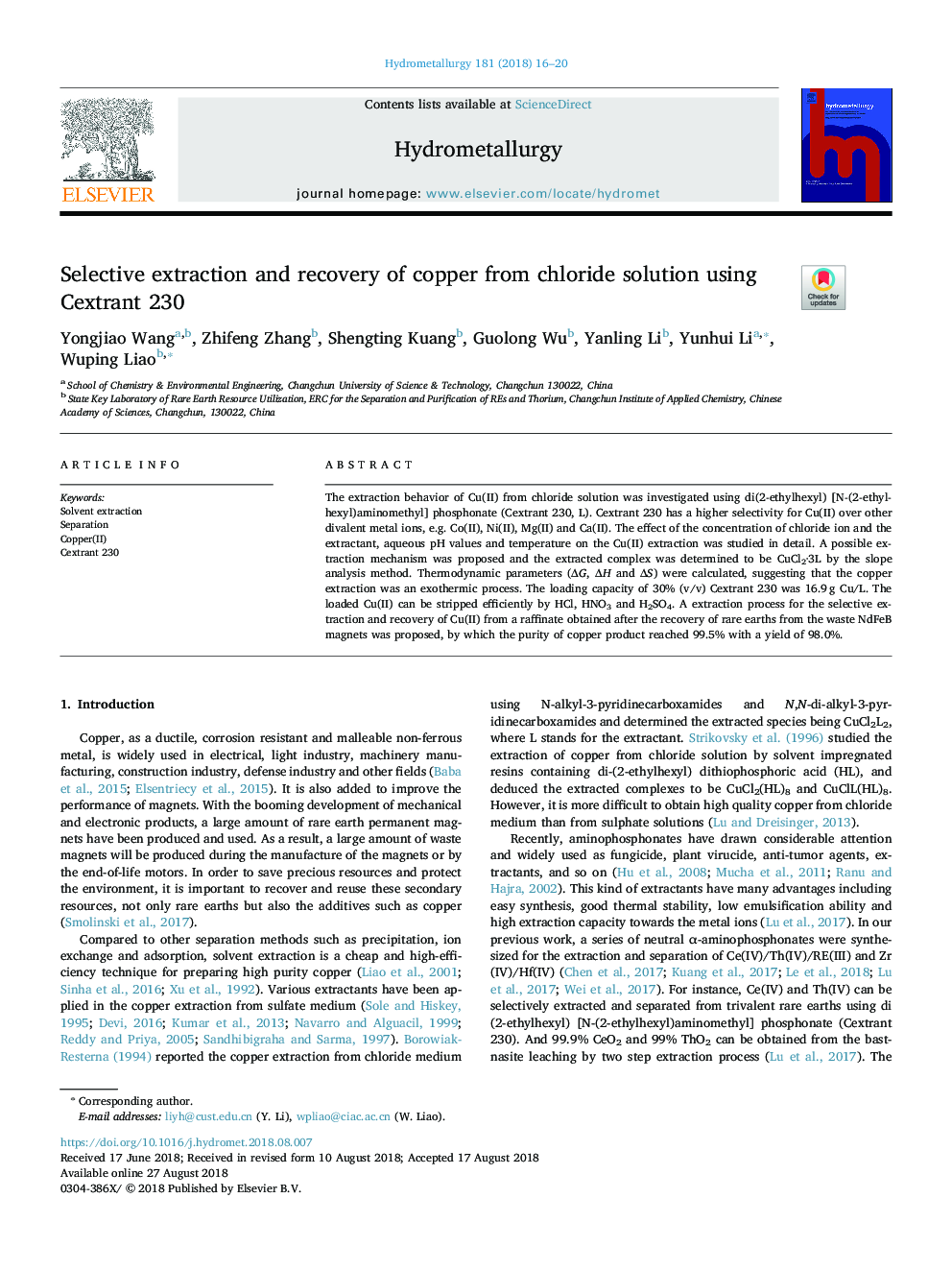 Selective extraction and recovery of copper from chloride solution using Cextrant 230