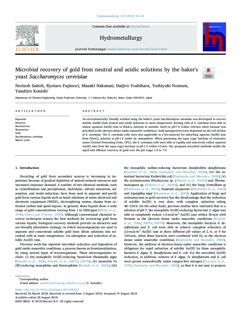 Microbial recovery of gold from neutral and acidic solutions by the baker's yeast Saccharomyces cerevisiae