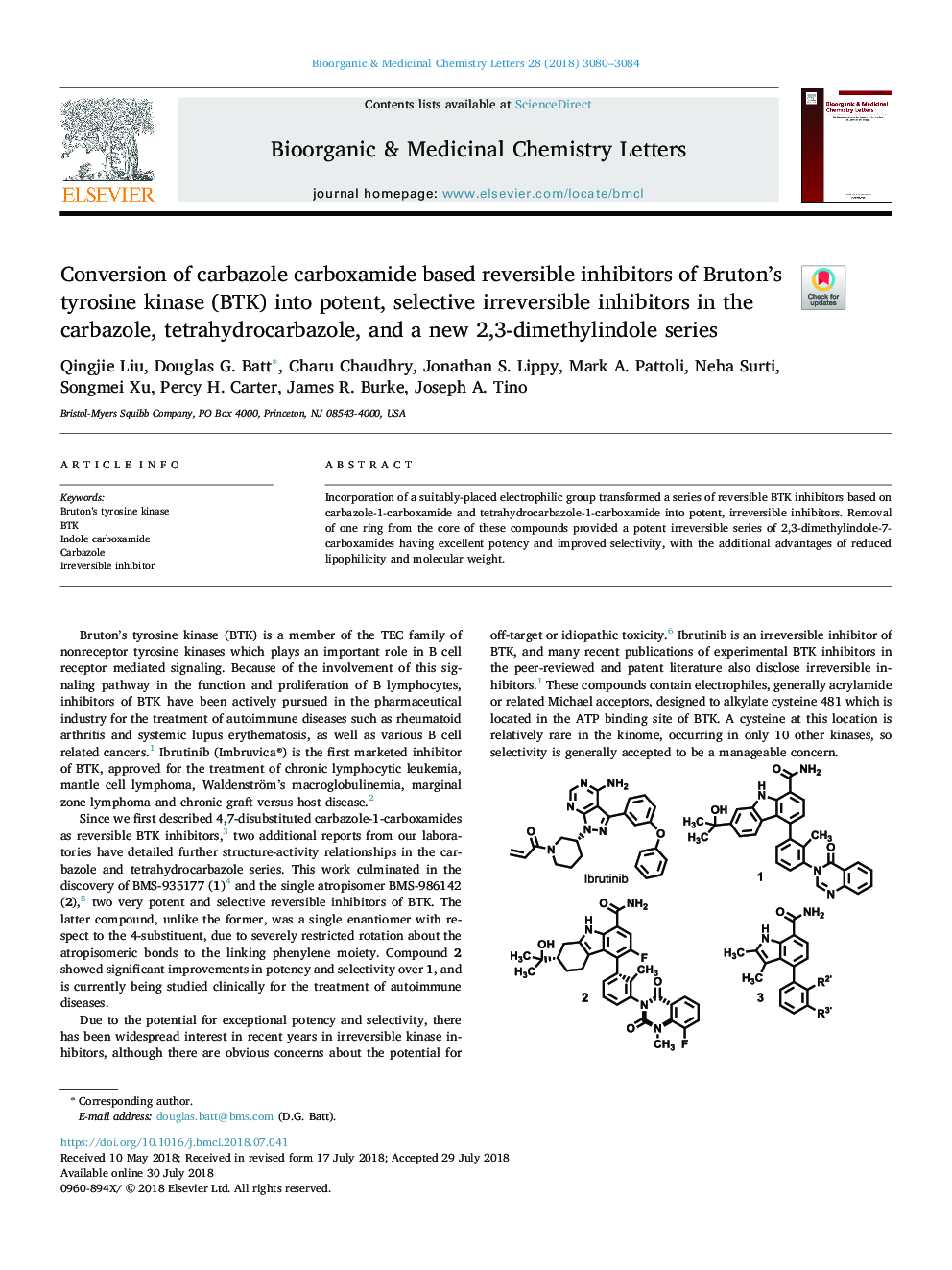 Conversion of carbazole carboxamide based reversible inhibitors of Bruton's tyrosine kinase (BTK) into potent, selective irreversible inhibitors in the carbazole, tetrahydrocarbazole, and a new 2,3-dimethylindole series