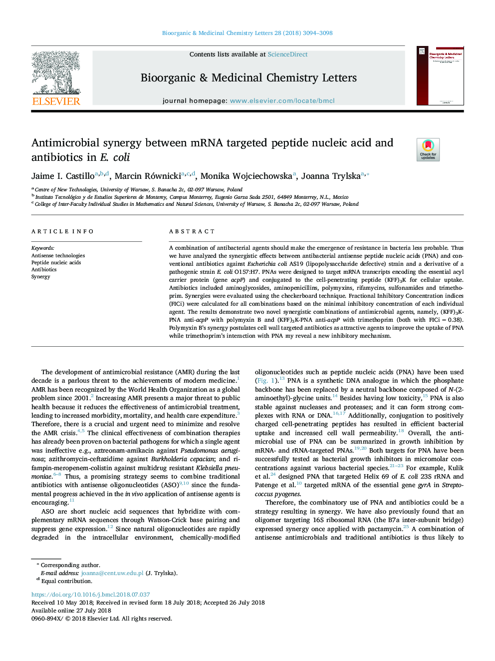 Antimicrobial synergy between mRNA targeted peptide nucleic acid and antibiotics in E. coli