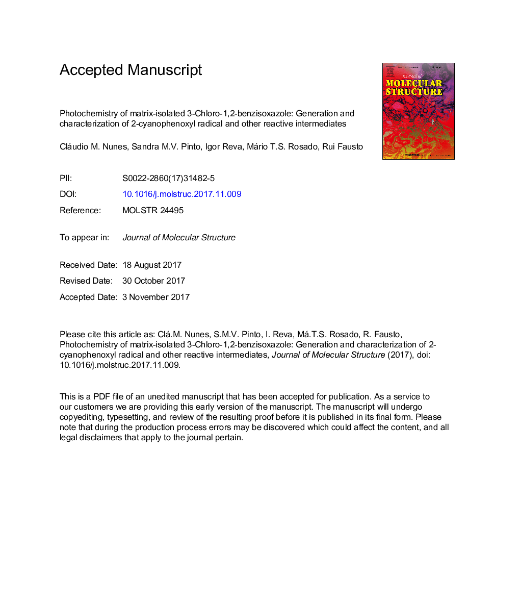 فتوشیمی از ماتریس جدا شده 3-کلرو-1،2-بنزیزوازول: تولید و مشخصه 2-سیانوفنکسیل رادیکال و دیگر واسطه های واکنشی