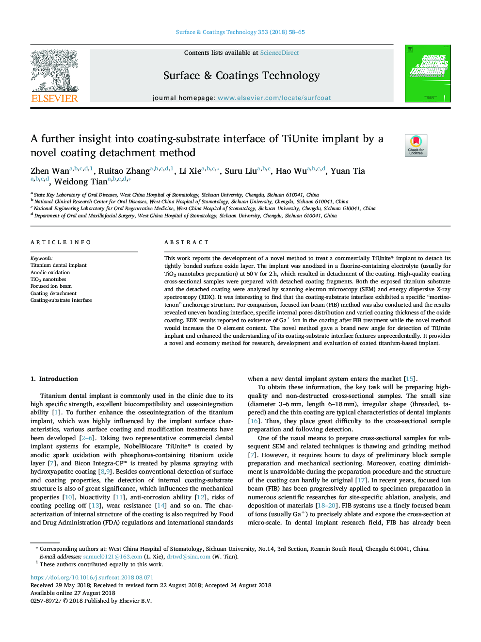 A further insight into coating-substrate interface of TiUnite implant by a novel coating detachment method