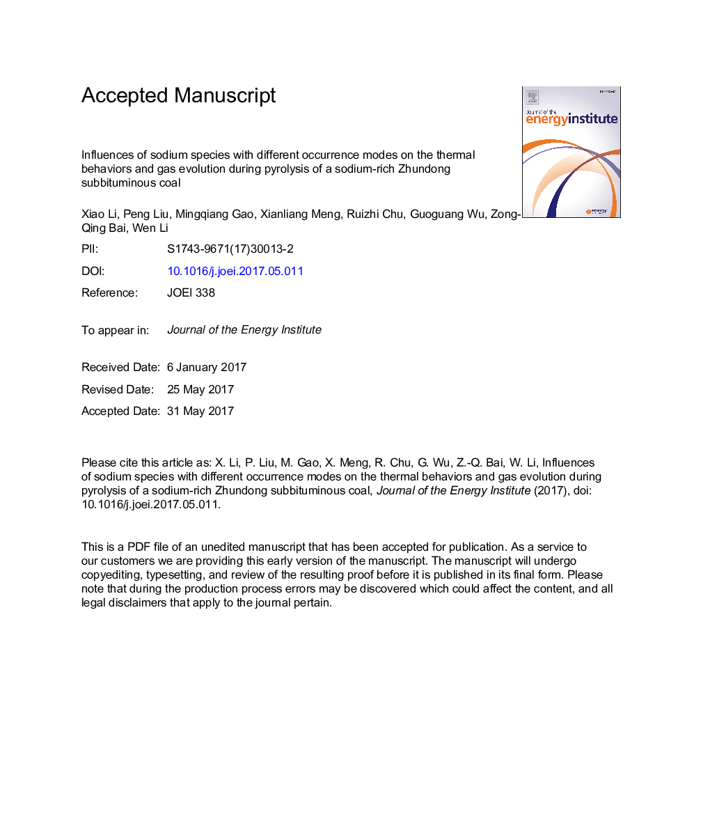 Influences of sodium species with different occurrence modes on the thermal behaviors and gas evolution during pyrolysis of a sodium-rich Zhundong subbituminous coal