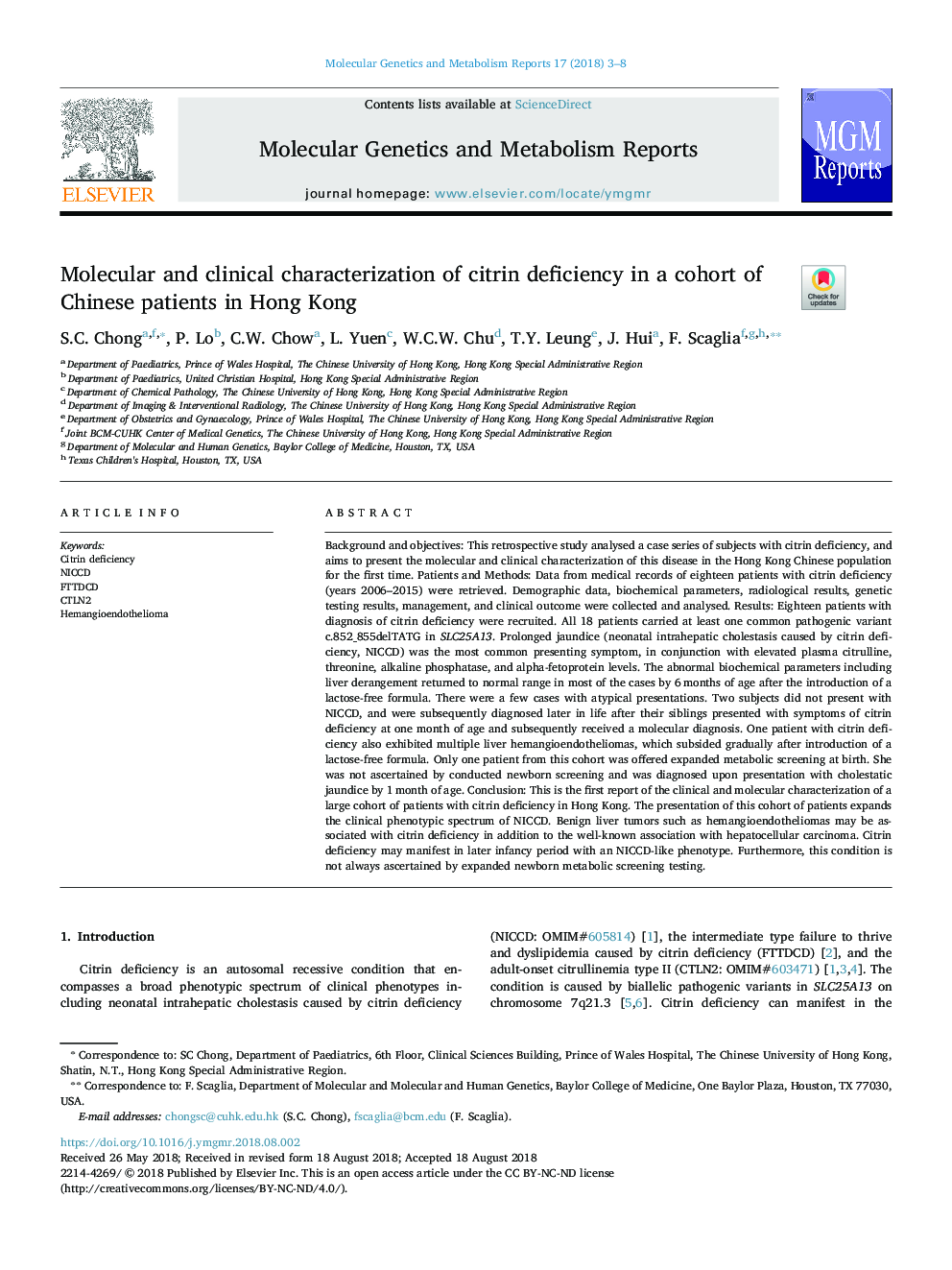 Molecular and clinical characterization of citrin deficiency in a cohort of Chinese patients in Hong Kong