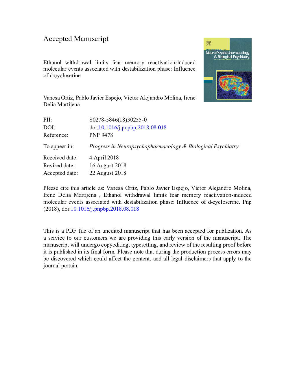 Ethanol withdrawal limits fear memory reactivation-induced molecular events associated with destabilization phase: Influence of d-cycloserine