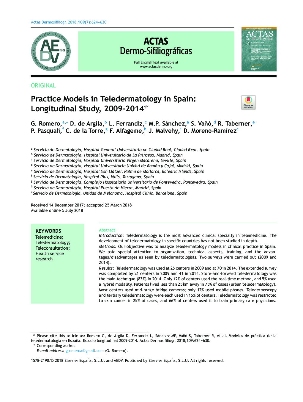 Practice Models in Teledermatology in Spain: Longitudinal Study, 2009-2014