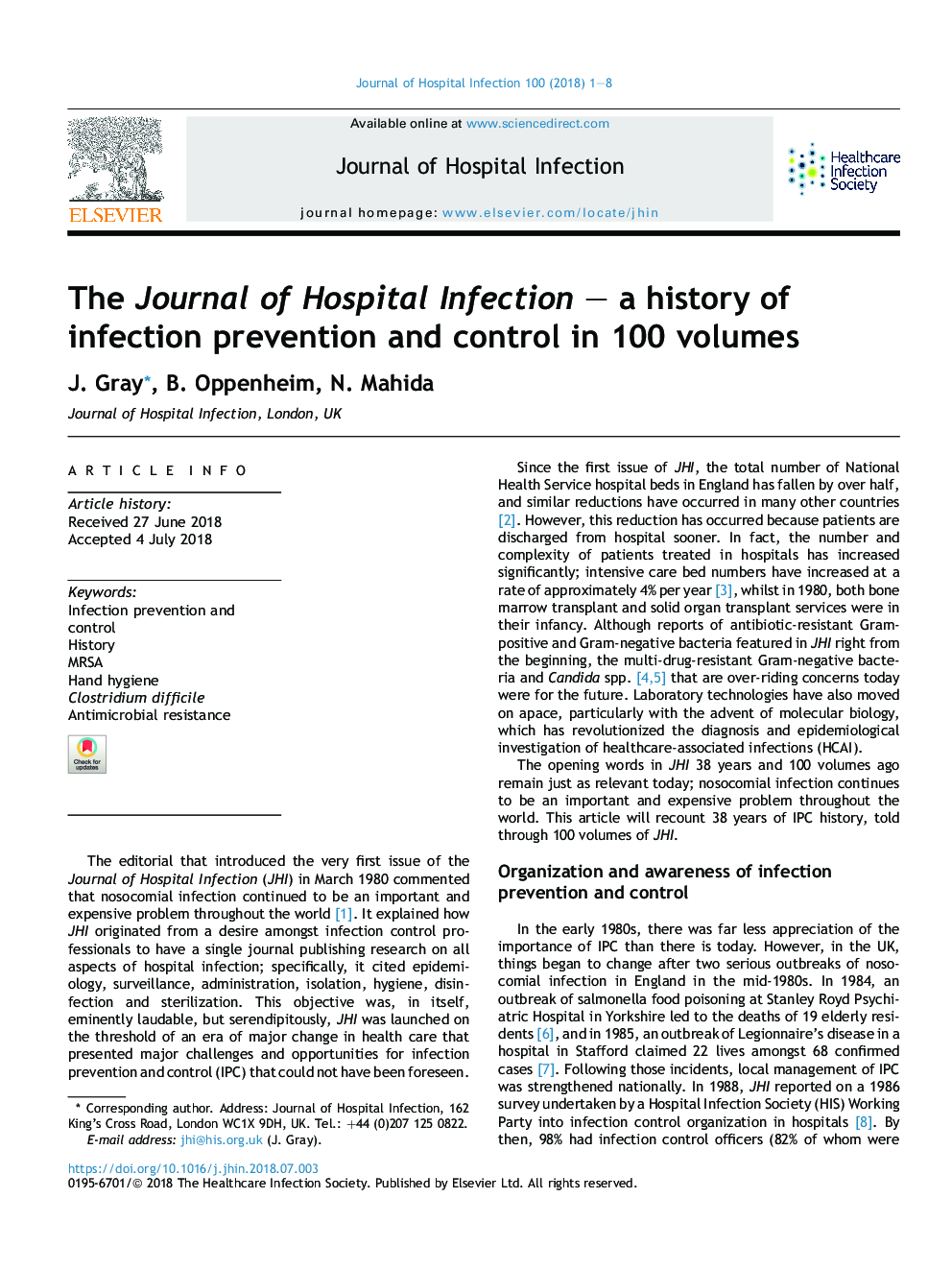 مجله عفونت بیمارستان - تاریخچه پیشگیری و کنترل عفونت در 100 جلد است