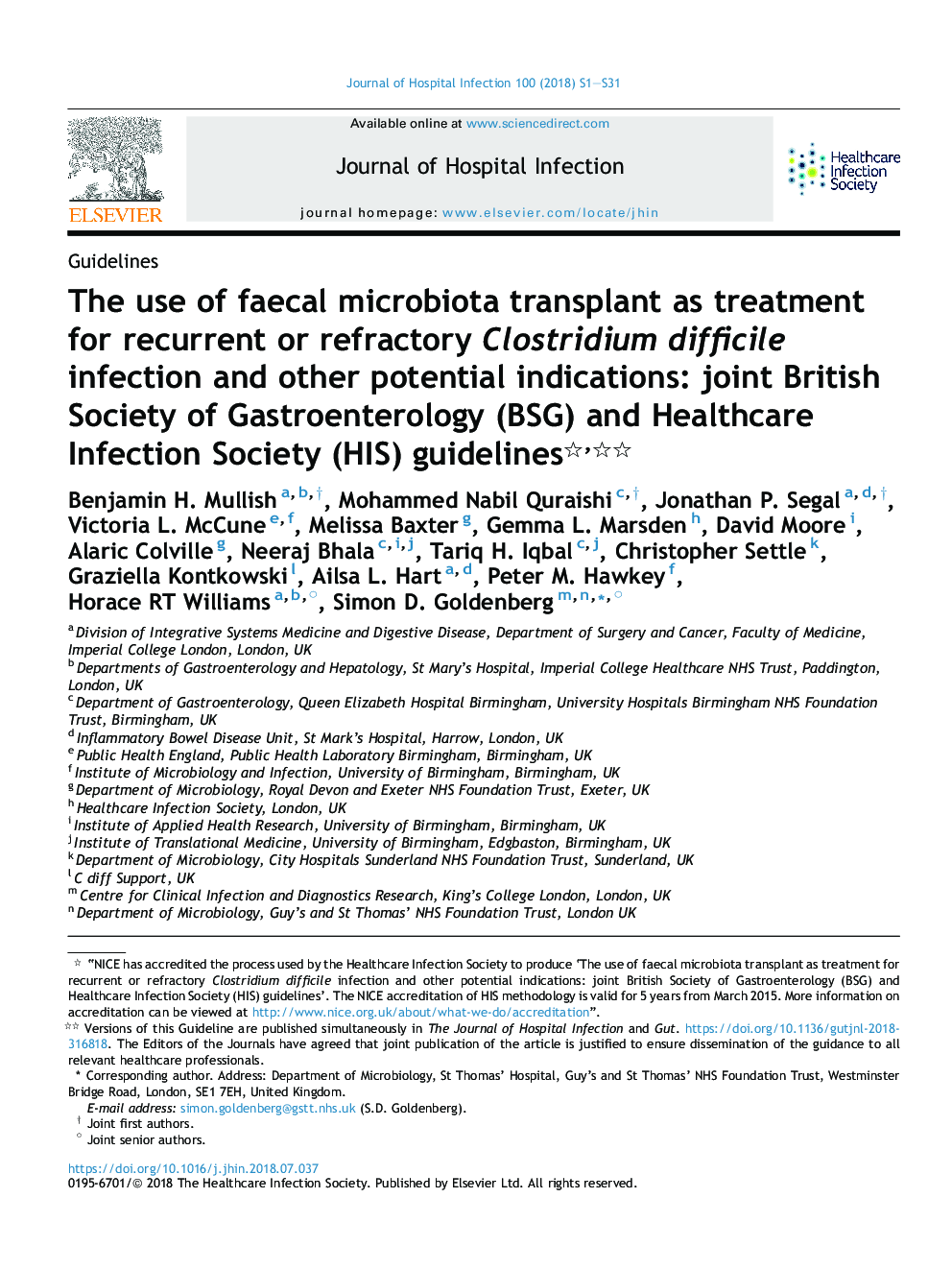 The use of faecal microbiota transplant as treatment for recurrent or refractory Clostridium difficile infection and other potential indications: joint British Society of Gastroenterology (BSG) and Healthcare Infection Society (HIS) guidelines