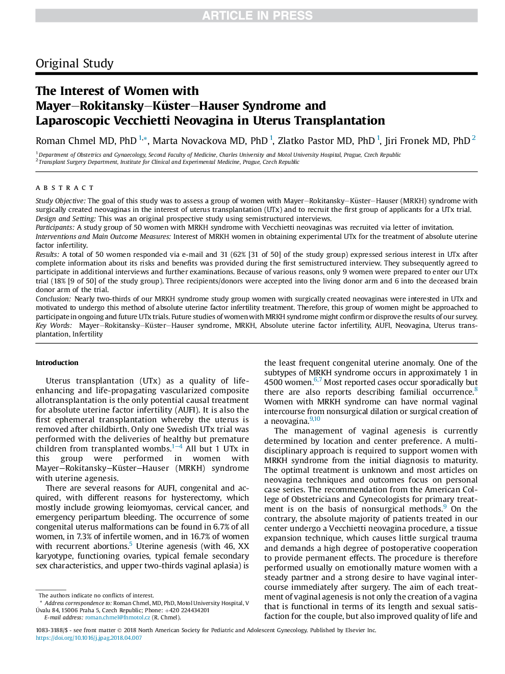The Interest of Women with Mayer-Rokitansky-Küster-Hauser Syndrome and Laparoscopic Vecchietti Neovagina in Uterus Transplantation