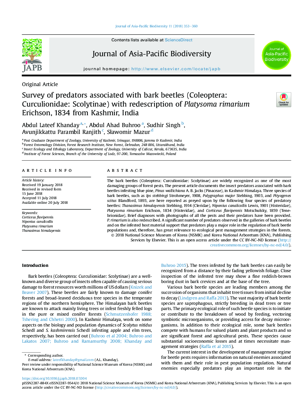 Survey of predators associated with bark beetles (Coleoptera: Curculionidae: Scolytinae) with redescription of Platysoma rimarium Erichson, 1834 from Kashmir, India