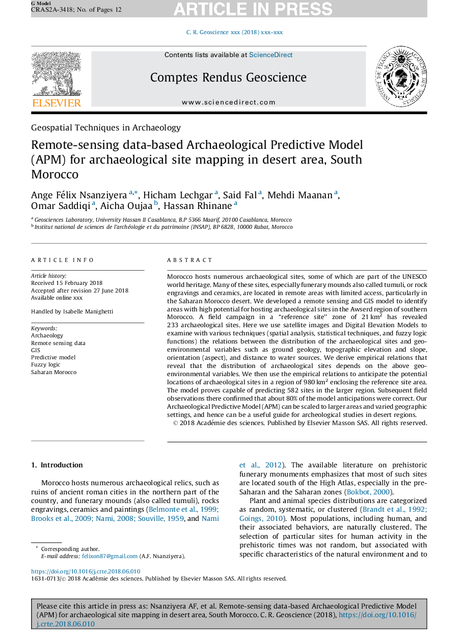 Remote-sensing data-based Archaeological Predictive Model (APM) for archaeological site mapping in desert area, South Morocco