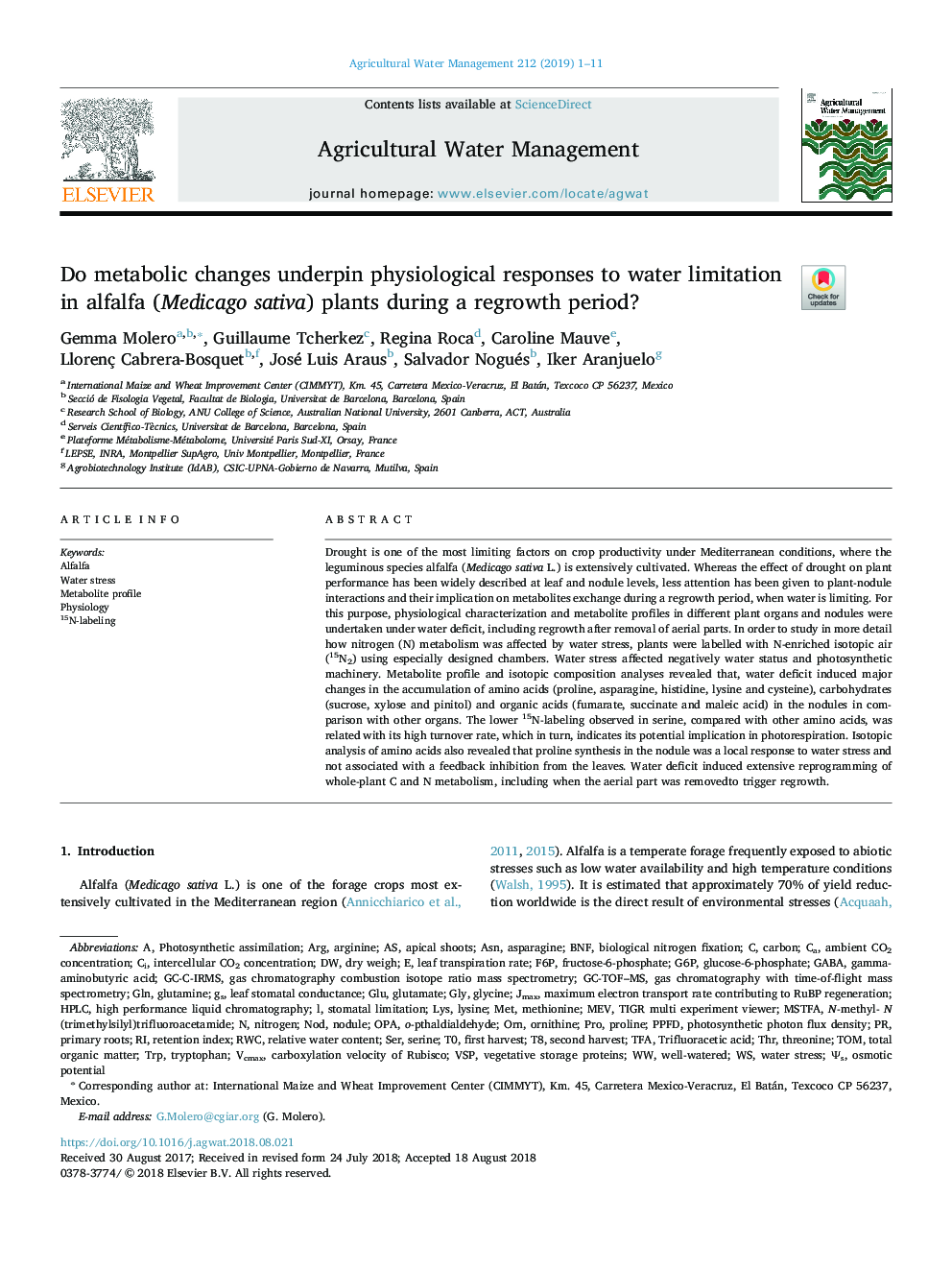 Do metabolic changes underpin physiological responses to water limitation in alfalfa (Medicago sativa) plants during a regrowth period?