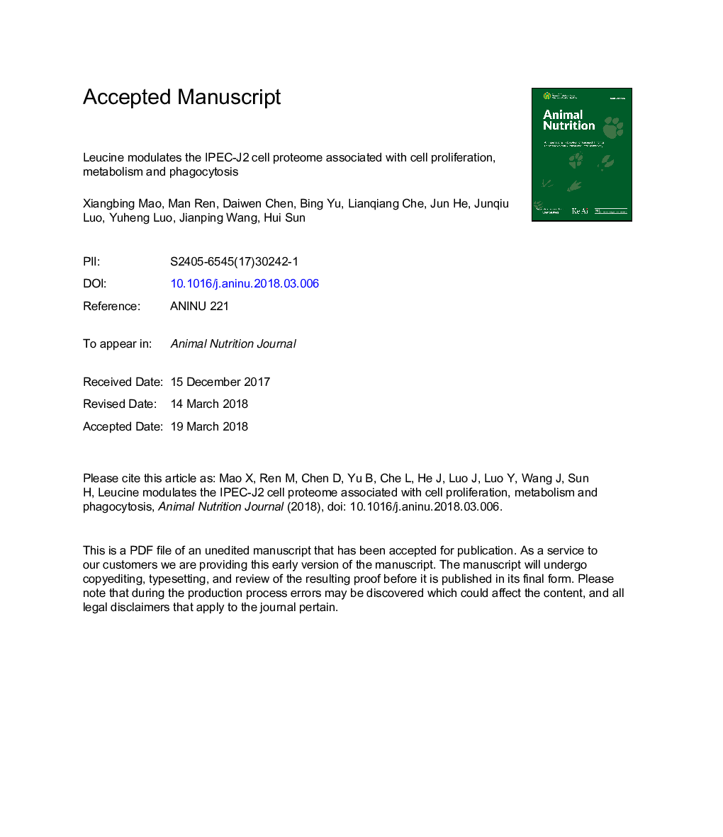 Leucine modulates the IPEC-J2 cell proteome associated with cell proliferation, metabolism and phagocytosis