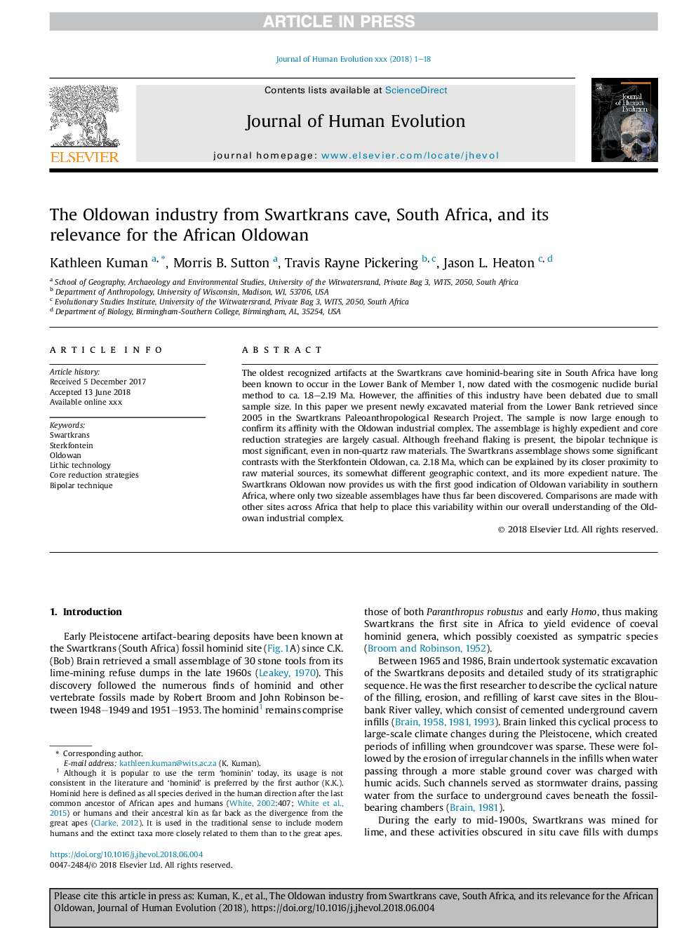 The Oldowan industry from Swartkrans cave, South Africa, and its relevance for the African Oldowan