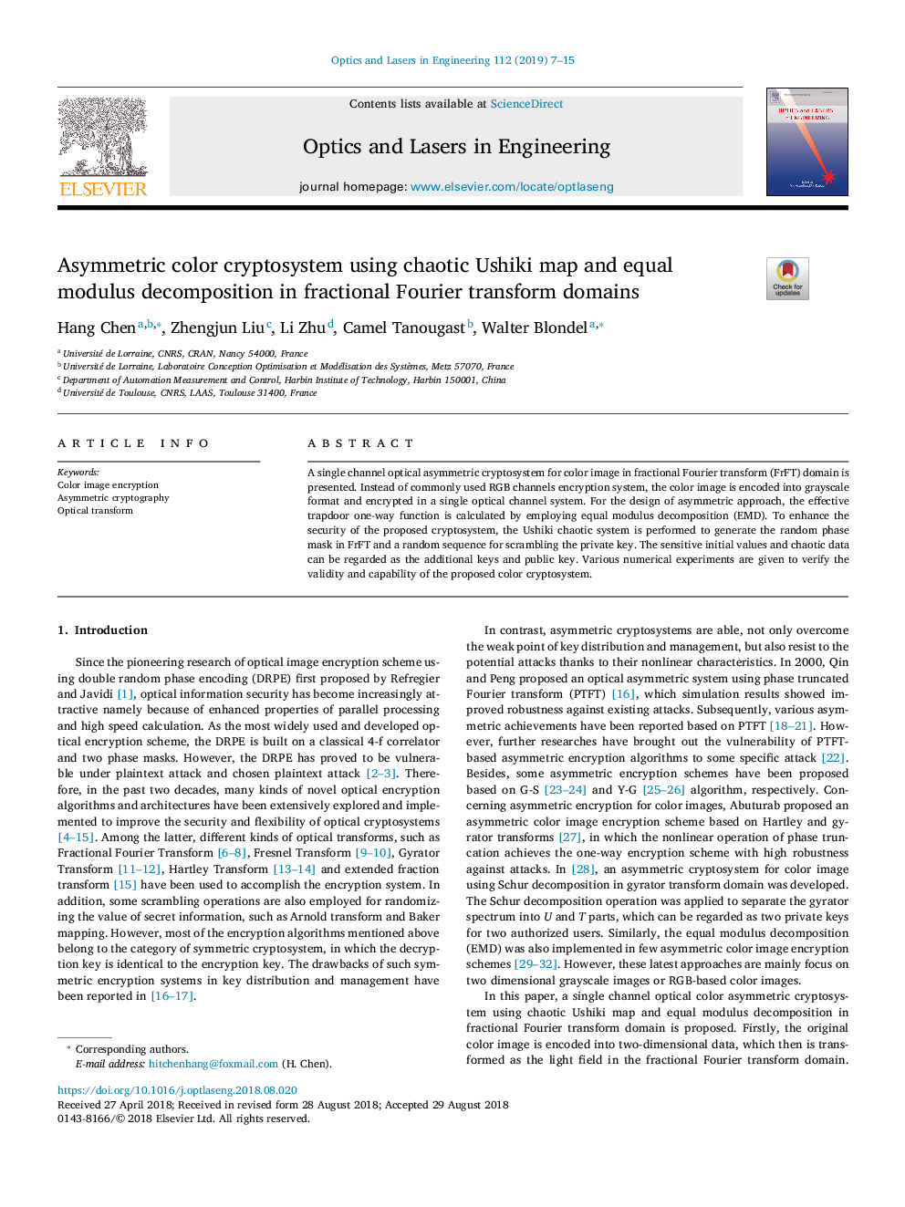 رمزنگاری رنگ نامتقارن با استفاده از نقشه یوحشی یوکی و تجزیه مدول یکسانی در حوزه های تبدیل فوریه