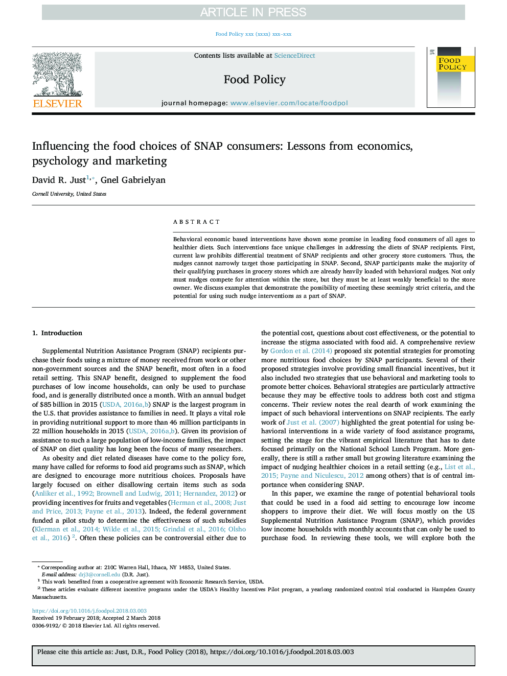 Influencing the food choices of SNAP consumers: Lessons from economics, psychology and marketing
