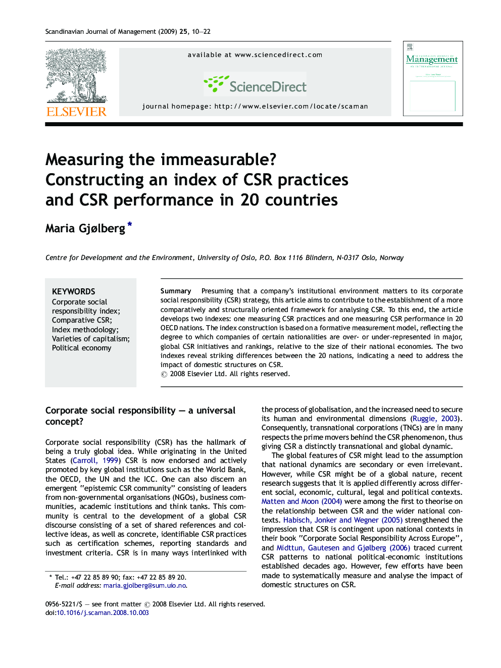 Measuring the immeasurable?: Constructing an index of CSR practices and CSR performance in 20 countries