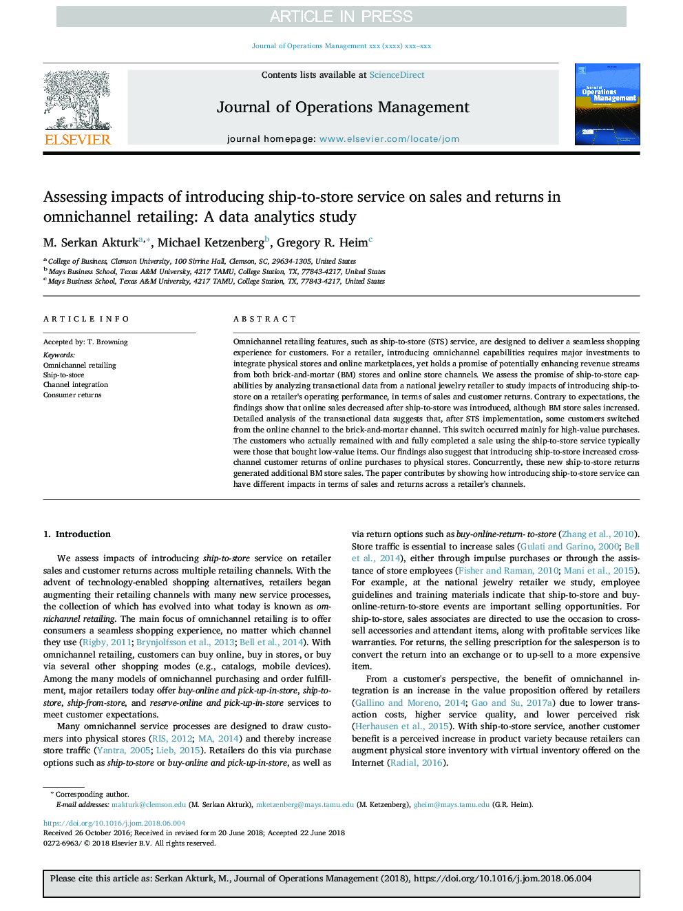 Assessing impacts of introducing ship-to-store service on sales and returns in omnichannel retailing: A data analytics study