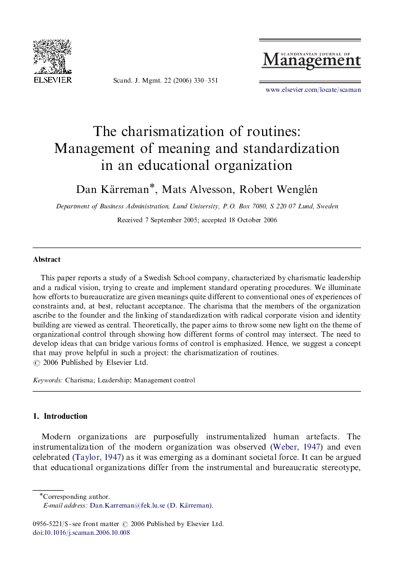 The charismatization of routines: Management of meaning and standardization in an educational organization