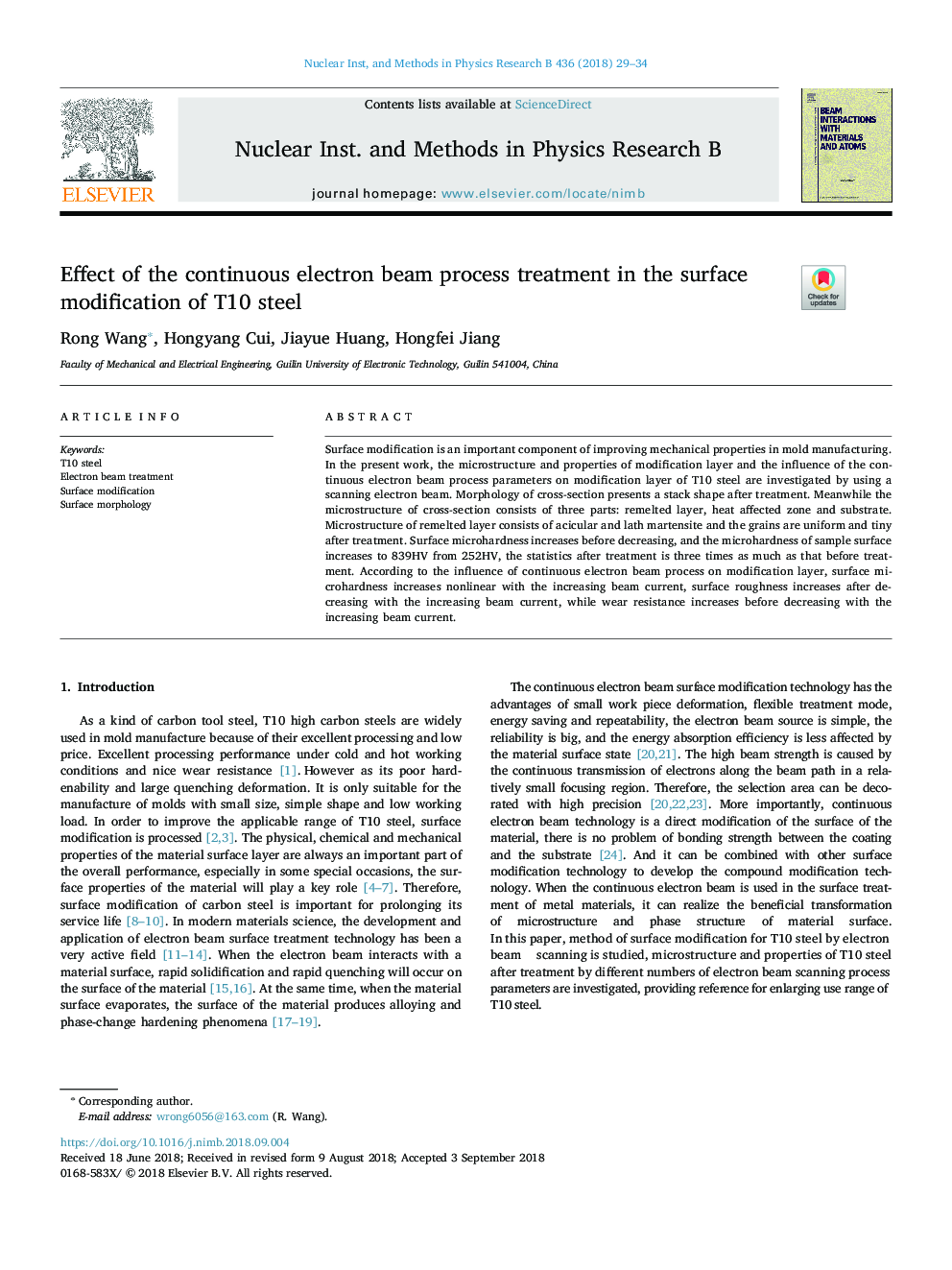 Effect of the continuous electron beam process treatment in the surface modification of T10 steel