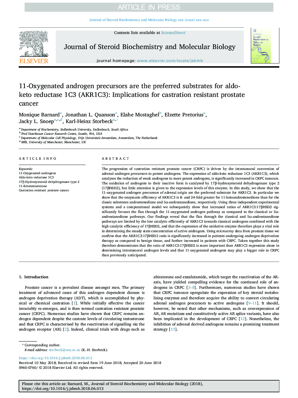 11-Oxygenated androgen precursors are the preferred substrates for aldo-keto reductase 1C3 (AKR1C3): Implications for castration resistant prostate cancer