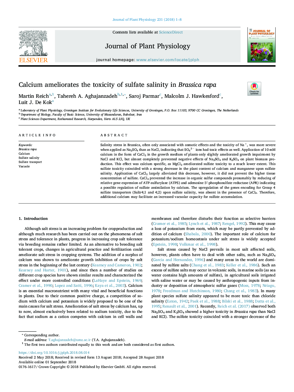 Calcium ameliorates the toxicity of sulfate salinity in Brassica rapa