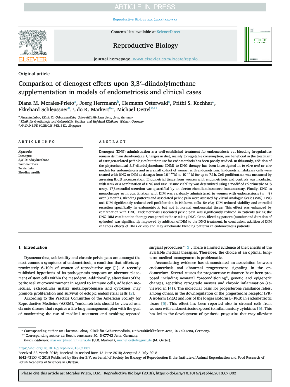 Comparison of dienogest effects upon 3,3â²-diindolylmethane supplementation in models of endometriosis and clinical cases