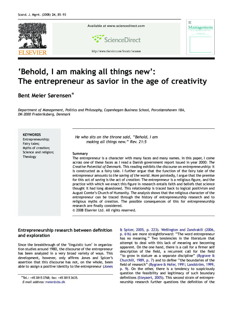 ‘Behold, I am making all things new’: The entrepreneur as savior in the age of creativity