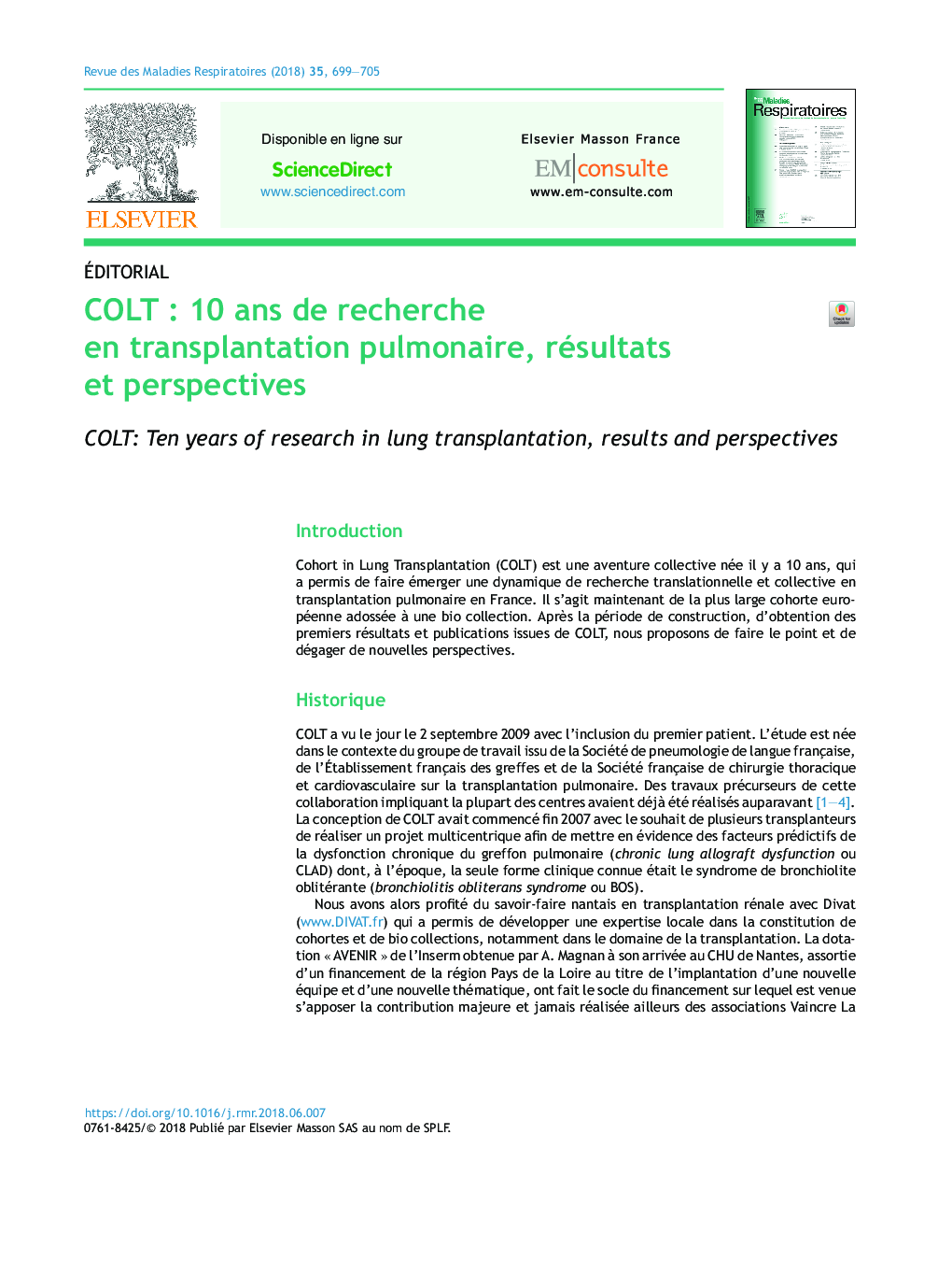 COLTÂ : 10Â ans de recherche en transplantation pulmonaire, résultats et perspectives