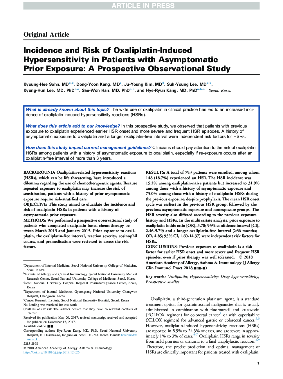 Incidence and Risk of Oxaliplatin-Induced Hypersensitivity in Patients with Asymptomatic Prior Exposure: A Prospective Observational Study