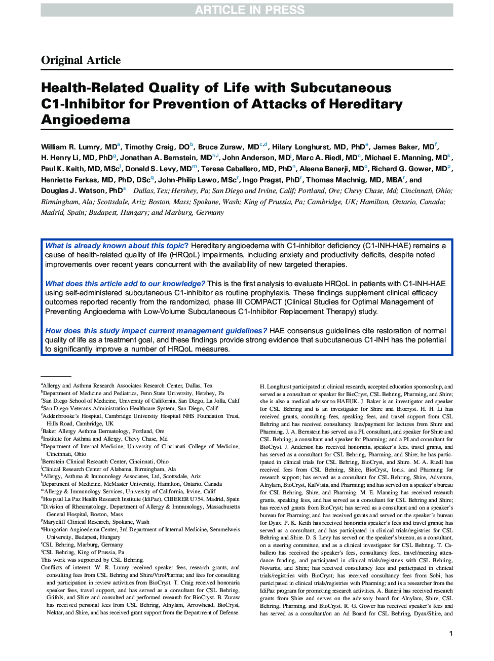 Health-Related Quality of Life with Subcutaneous C1-Inhibitor for Prevention of Attacks of Hereditary Angioedema