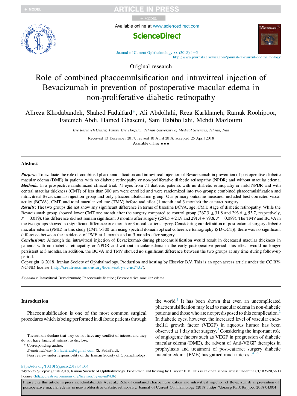 نقش فاکوامولسکوسی ترکیبی و تزریق داخل فیبری بواکسیونوماب در پیشگیری از ادم ماکولا پس از عمل در رتینوپاتی دیابتی غیر پرولیفراتیو