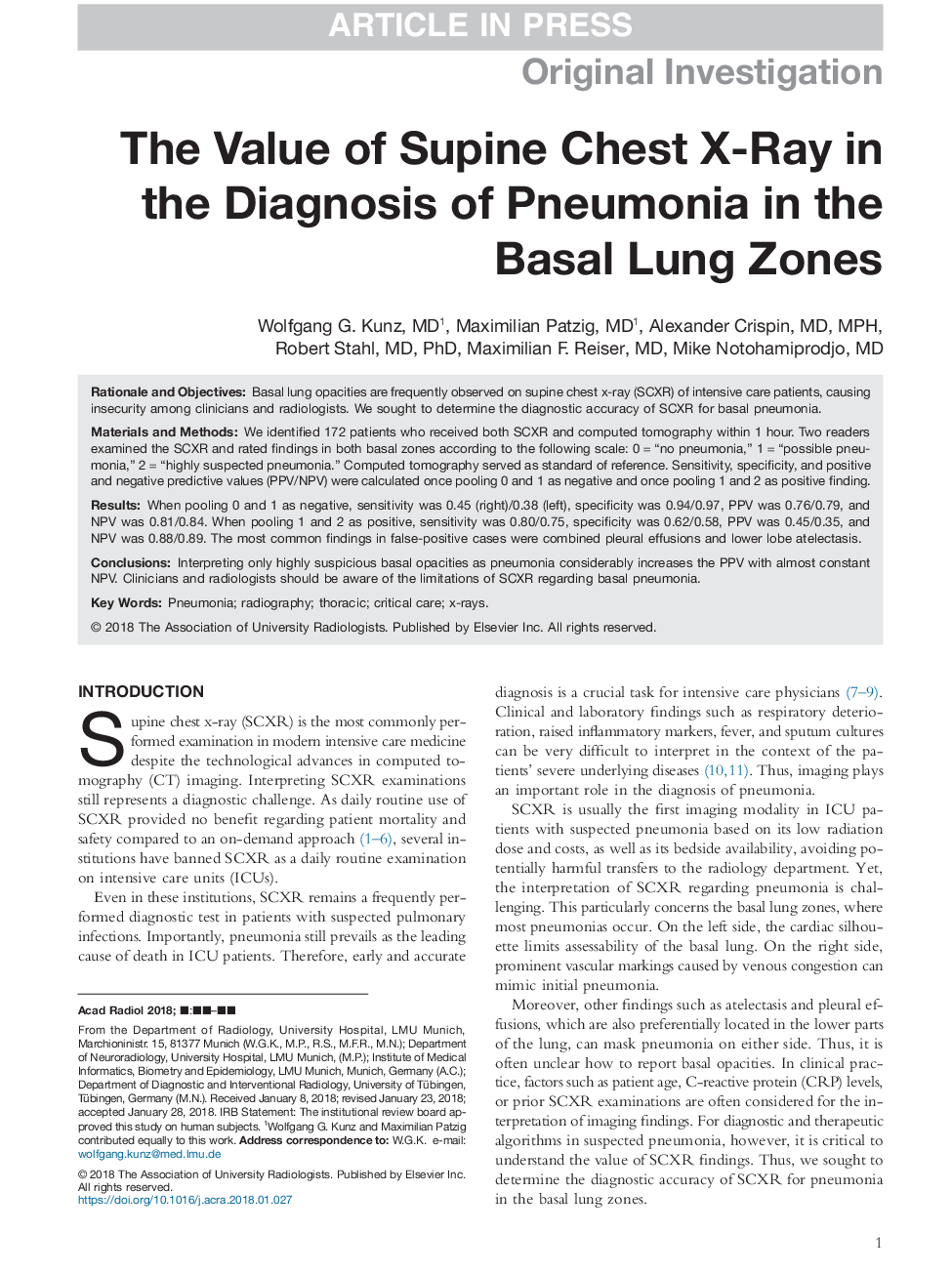 The Value of Supine Chest X-Ray in the Diagnosis of Pneumonia in the Basal Lung Zones