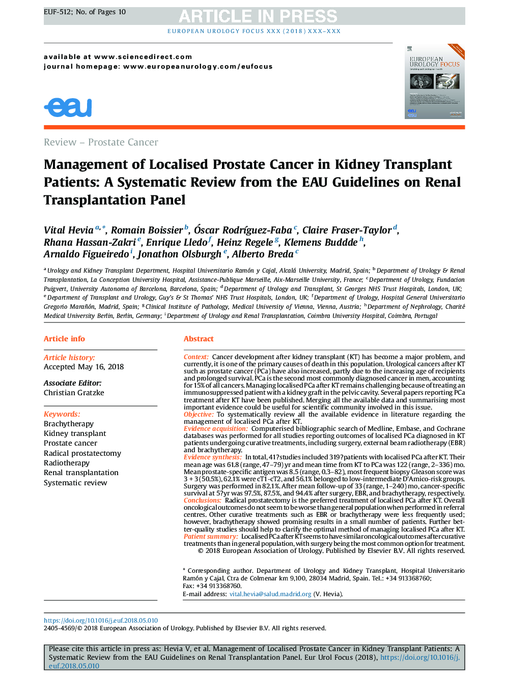 Management of Localised Prostate Cancer in Kidney Transplant Patients: A Systematic Review from the EAU Guidelines on Renal Transplantation Panel