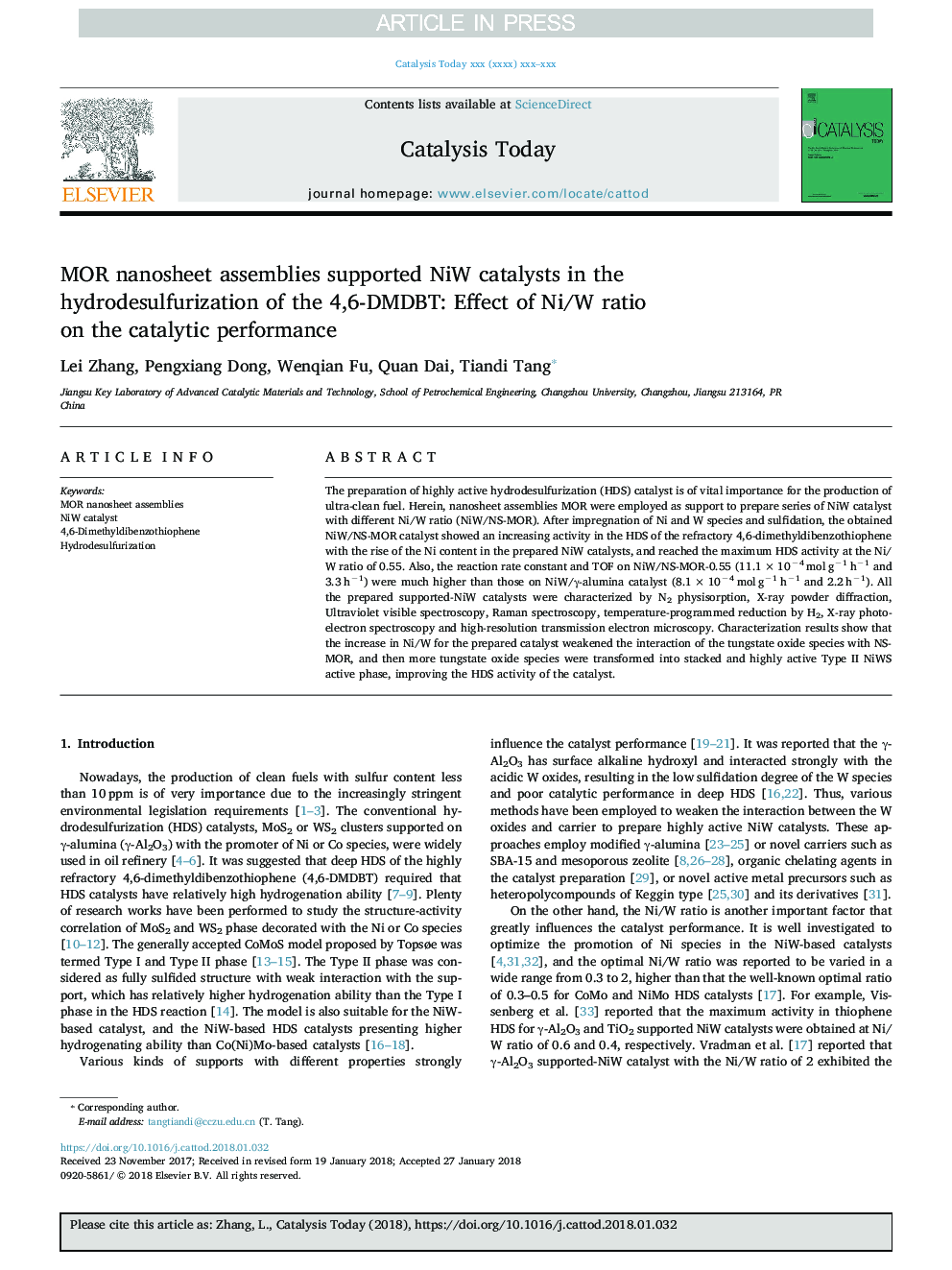 MOR nanosheet assemblies supported NiW catalysts in the hydrodesulfurization of the 4,6-DMDBT: Effect of Ni/W ratio on the catalytic performance