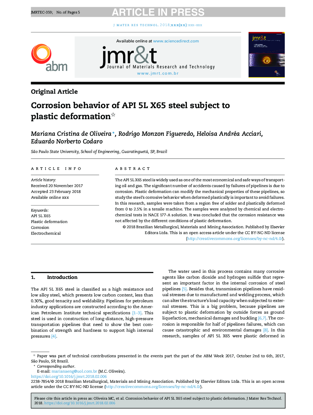 Corrosion behavior of API 5L X65 steel subject to plastic deformation