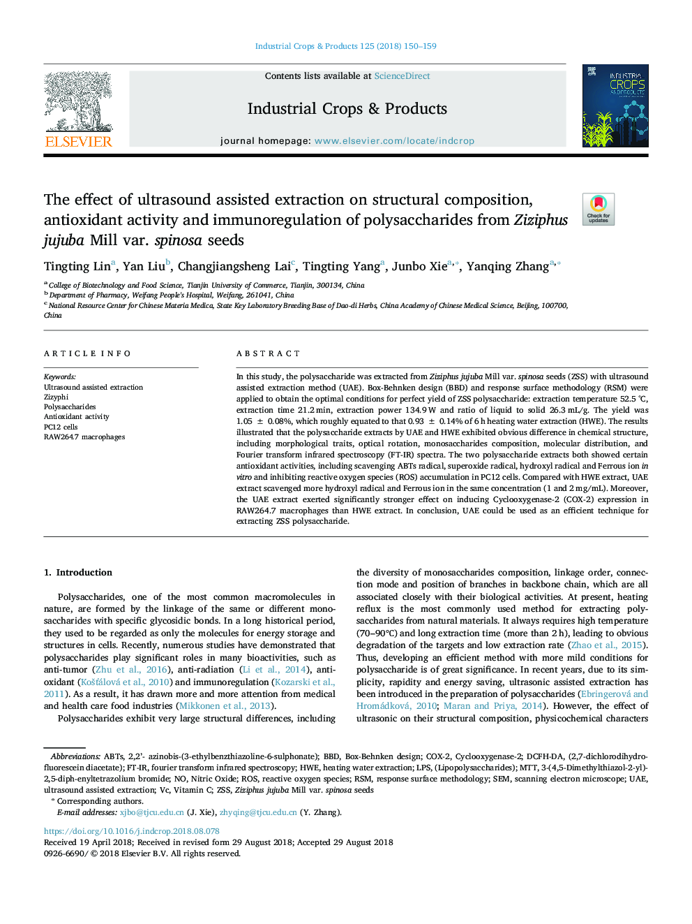 The effect of ultrasound assisted extraction on structural composition, antioxidant activity and immunoregulation of polysaccharides from Ziziphus jujuba Mill var. spinosa seeds
