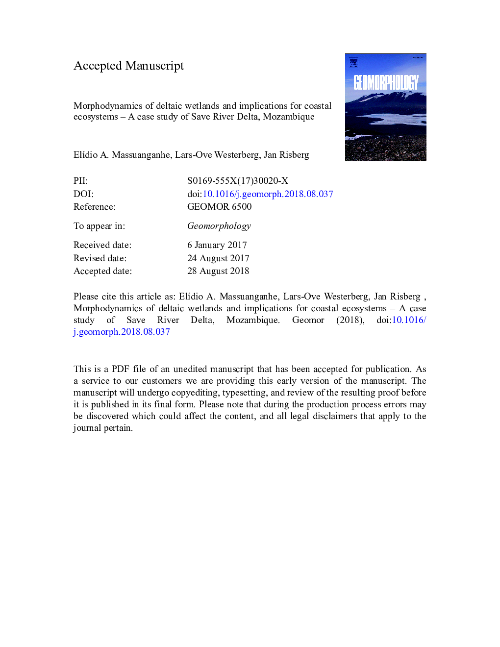 Morphodynamics of deltaic wetlands and implications for coastal ecosystems - A case study of Save River Delta, Mozambique