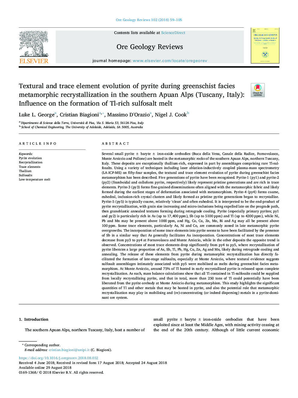 Textural and trace element evolution of pyrite during greenschist facies metamorphic recrystallization in the southern Apuan Alps (Tuscany, Italy): Influence on the formation of Tl-rich sulfosalt melt