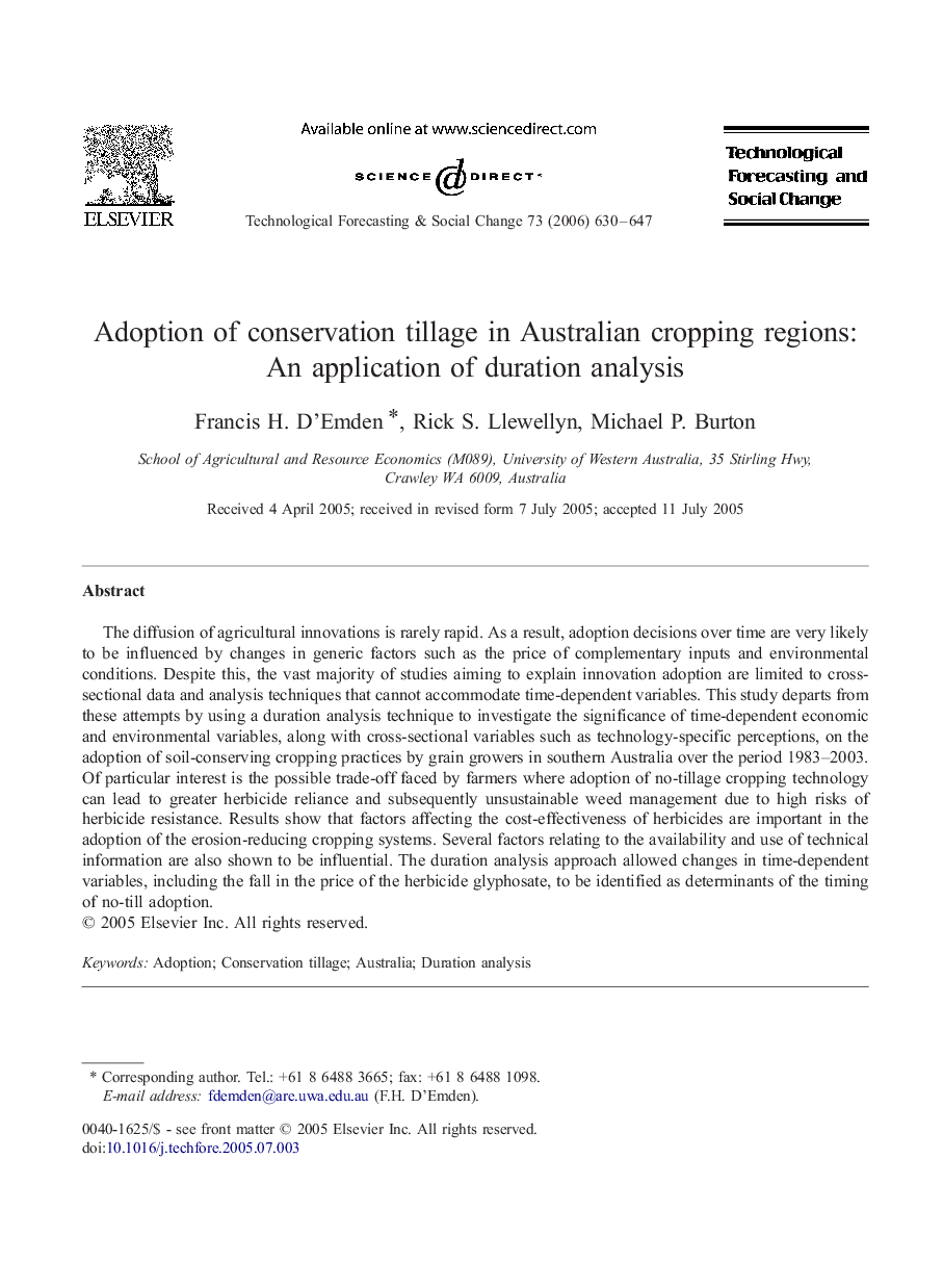 Adoption of conservation tillage in Australian cropping regions: An application of duration analysis