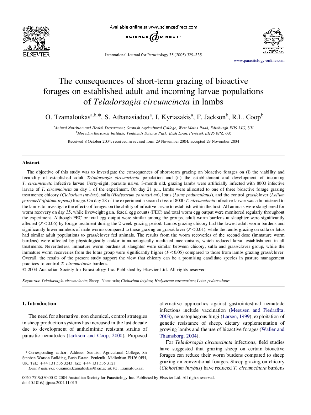 The consequences of short-term grazing of bioactive forages on established adult and incoming larvae populations of Teladorsagia circumcincta in lambs