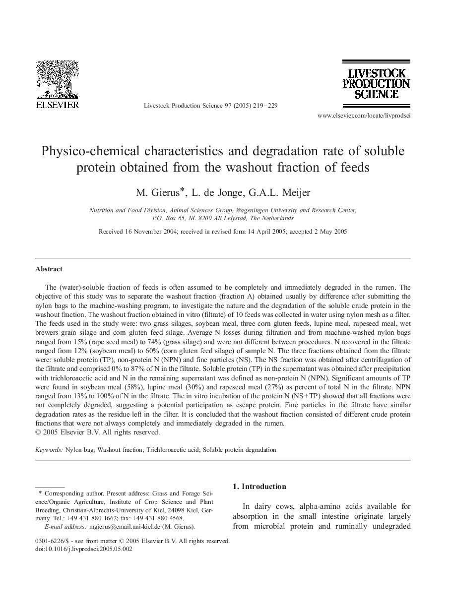 Physico-chemical characteristics and degradation rate of soluble protein obtained from the washout fraction of feeds