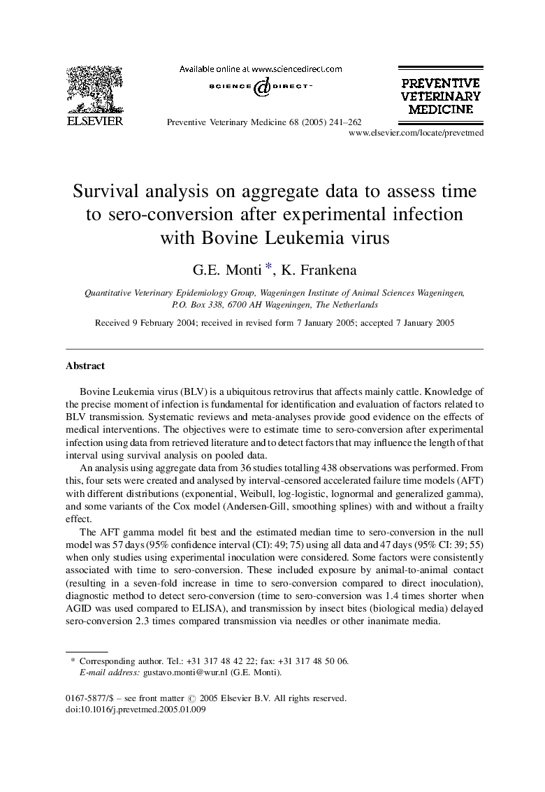 Survival analysis on aggregate data to assess time to sero-conversion after experimental infection with Bovine Leukemia virus