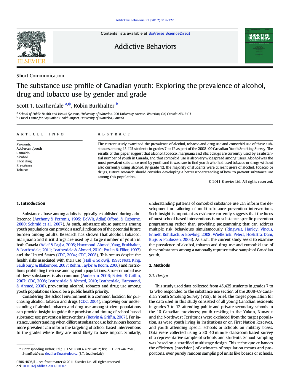 The substance use profile of Canadian youth: Exploring the prevalence of alcohol, drug and tobacco use by gender and grade