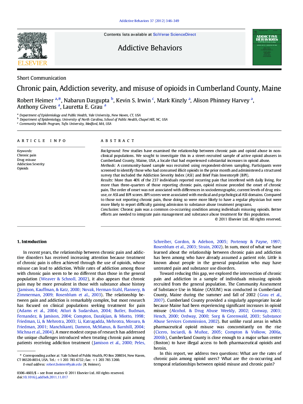 Chronic pain, Addiction severity, and misuse of opioids in Cumberland County, Maine