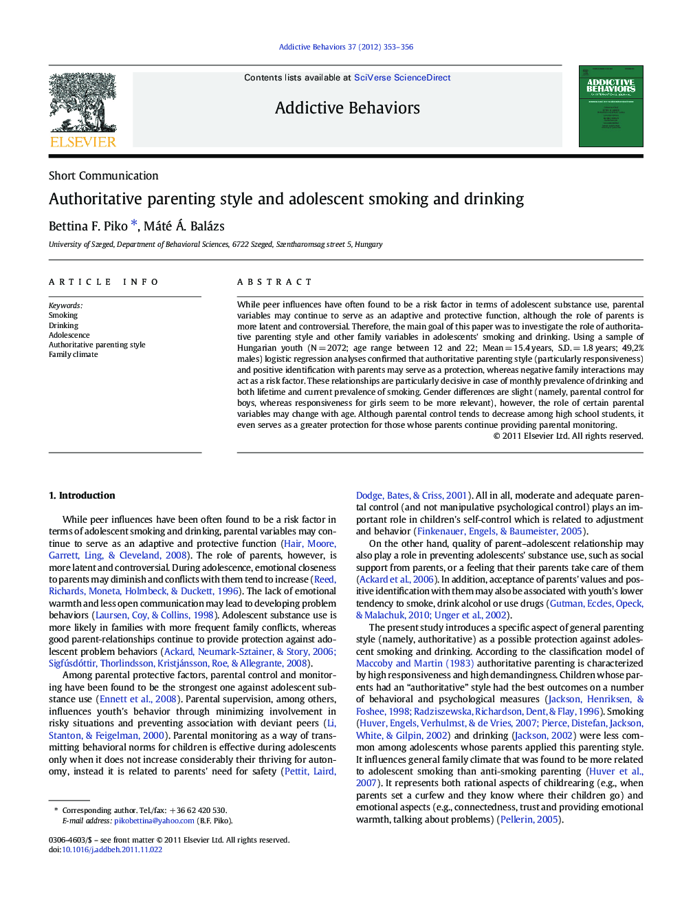 Authoritative parenting style and adolescent smoking and drinking