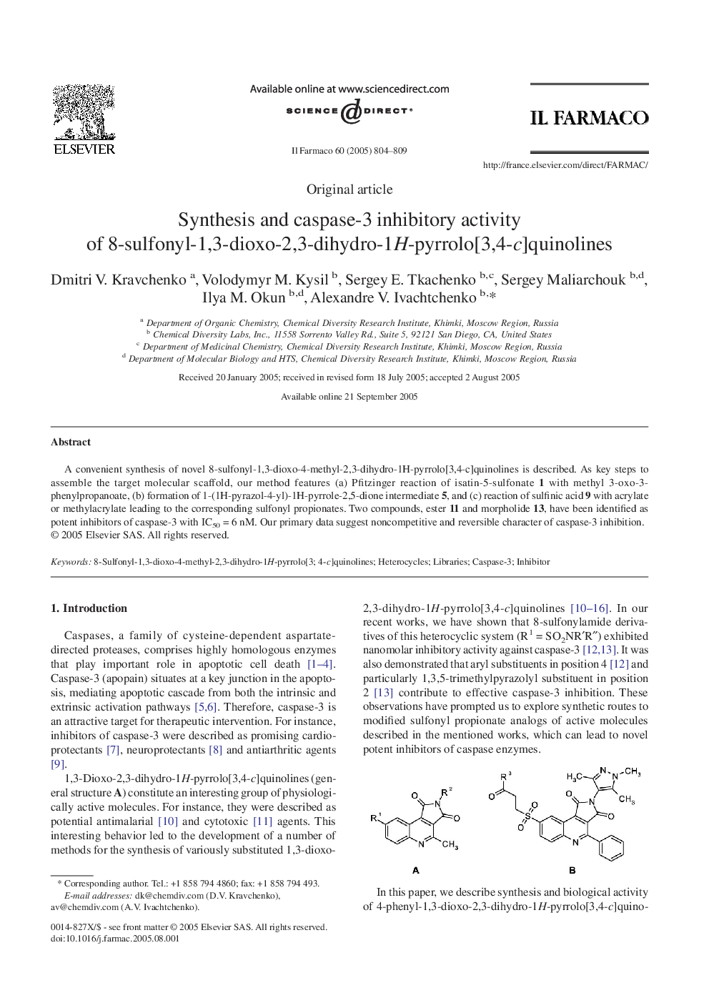 Synthesis and caspase-3 inhibitory activity of 8-sulfonyl-1,3-dioxo-2,3-dihydro-1H-pyrrolo[3,4-c]quinolines