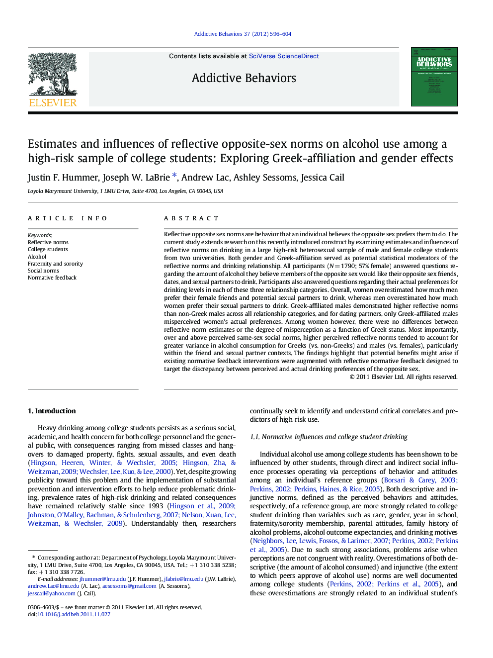 Estimates and influences of reflective opposite-sex norms on alcohol use among a high-risk sample of college students: Exploring Greek-affiliation and gender effects