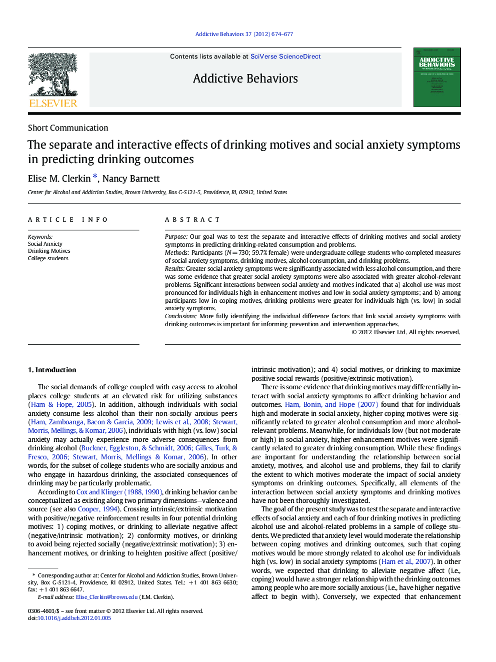 The separate and interactive effects of drinking motives and social anxiety symptoms in predicting drinking outcomes