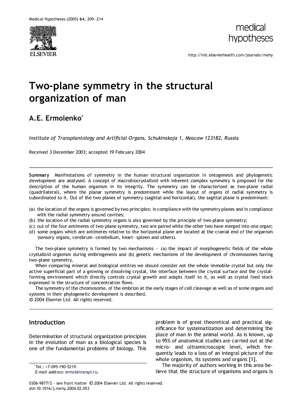 Two-plane symmetry in the structural organization of man